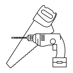 Saw and drill construction tools in black and white