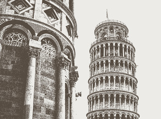 Vector image of the fragments of Pisa cathedral and Pisa tower