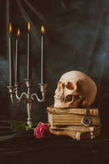 halloween decorations and skull on black cloth with smoke  on ancient books  © LIGHTFIELD STUDIOS