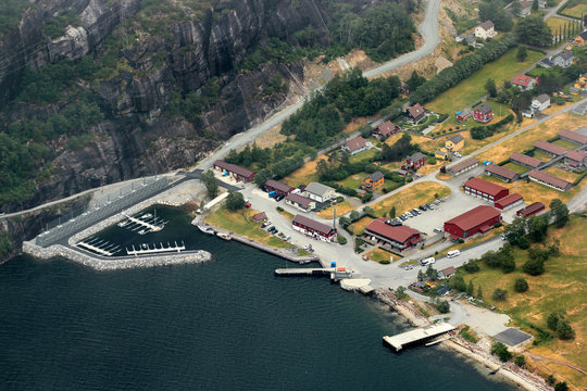 View of Lysefjord and Lysebotn village in Rogaland county, Norway