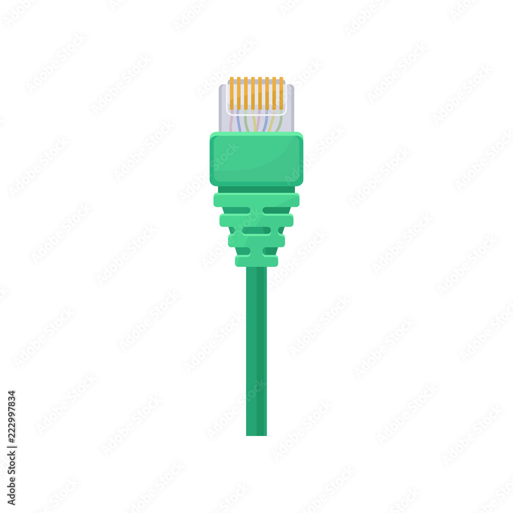 Poster ethernet connector with green cable. registered jack. item for connecting computer and data equipmen