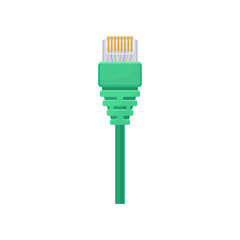 Ethernet connector with green cable. Registered jack. Item for connecting computer and data equipment. Flat vector icon