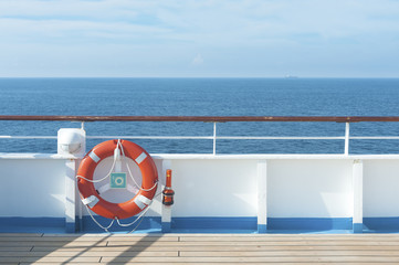 Ship deck, buoy and blue ocean. Travel background - 222998299