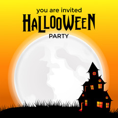 halloween party with scary home on the hill with full moon at the night. trick or treat event. poster and banner invitation template. vector illustration