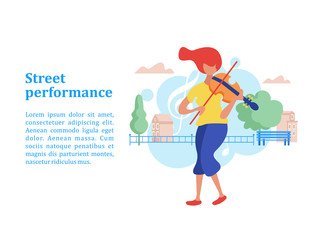 Street musician, violinist girl. Vector illustration.
