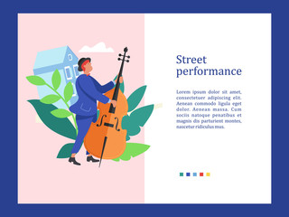 Street musician. Man playing the double bass. Street performance. Vector illustration.