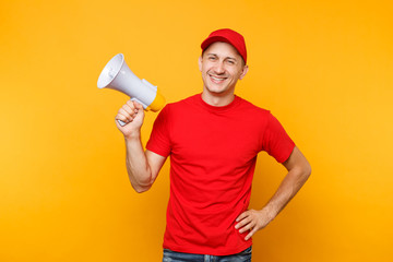 Delivery service man in red uniform isolated on yellow background. Male employee courier in cap,...