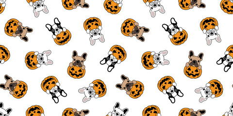 dog seamless pattern vector french bulldog pumpkin Halloween cartoon scarf cartoon isolated repeat wallpaper tile background illustration