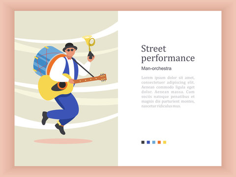 Street musician. Man band. Street performance. Vector illustration.
