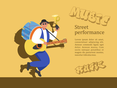 Street musician. Man band. Street performance. Vector illustration.
