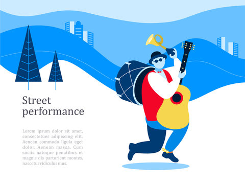 Street musician. Man band. Street performance. Vector illustration.