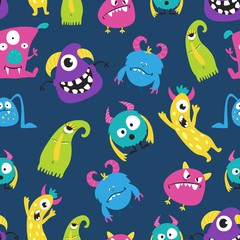 Cute funny monster seamless pattern on blue