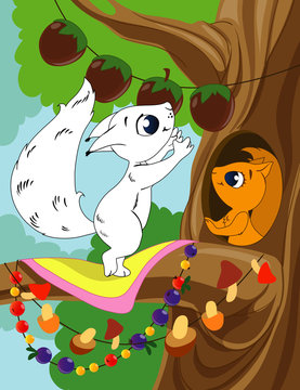 Coloring book page for preschool children with colorful background and sketch squirrel to color