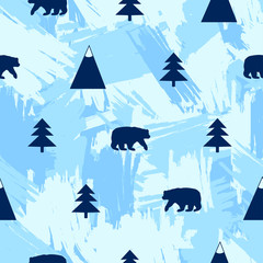 Seamless pattern with bear, mountain and fir-tree on the brush strokes background.