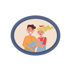 Portrait of married couple with a newborn baby, family photo in wooden frame vector Illustration on a white background