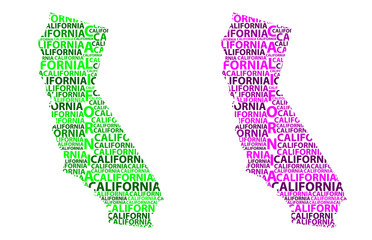 Sketch California (United States of America, The Golden State) letter text map, California map - in the shape of the continent, Map California - green and purple vector illustration