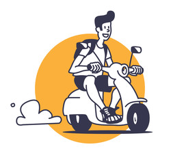 Smiling young man riding on bike with backpack. Vector outline illustration