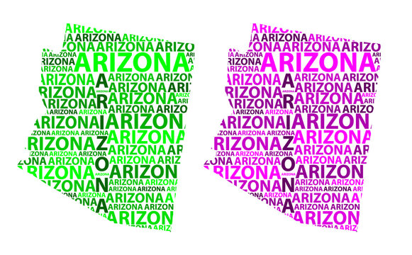 Sketch Arizona (United States of America, The Grand Canyon State, The Copper State) letter text map, Arizona map - in the shape of the continent, Map Arizona - green and purple vector illustration