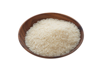 Fototapeta na wymiar raw rice on wood plate on isolated white background