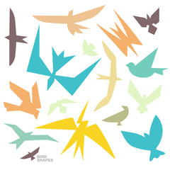 Fototapeta premium Collection of bird shapes in flat line art stylistics. Decoration vector elements for greeting cards, postcards, wedding invitations