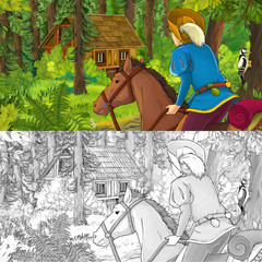 Obraz premium cartoon scene with woman princess in the forest near hidden wooden house - with artistic coloring page - illustration for children