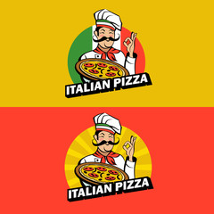 Italian chef holding a delicious pizza. Vector emblem.