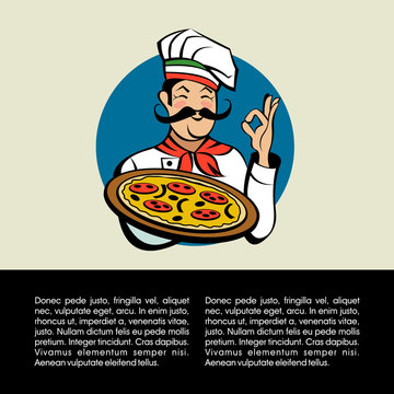 Italian chef holding a delicious pizza. Vector emblem.