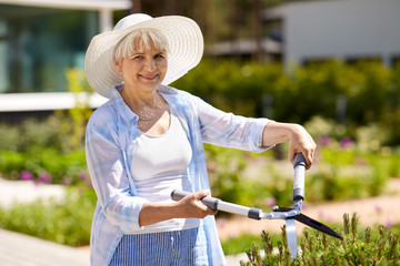 gardening, trimming and people concept - happy senior woman or gardener with hedge trimmer at...