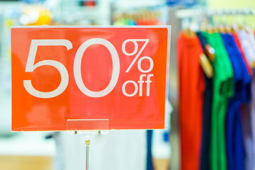 50% discount sign in a shop