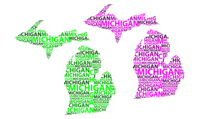 Sketch Michigan (United States of America) letter text map, Michigan map - in the shape of the continent, Map Michigan - green and purple vector illustration