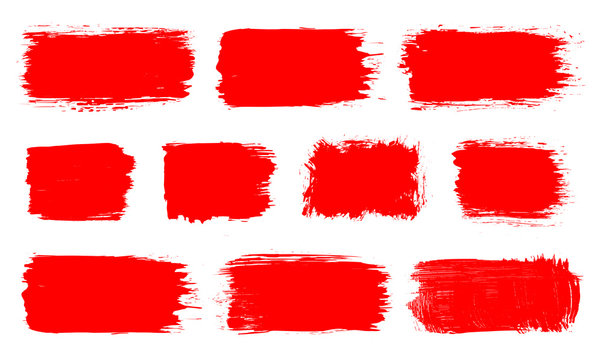 Red paint spot set. Vector red paint, ink vector brush splash, brush, stroke, spot, frame or texture collection. Grunge paintbrushes, backgrounds, ink boxes. Banner, shape, label, sticker and badge. 