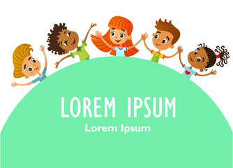 Happy and funny children stand around a large banner, poster, po