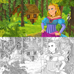 Obraz na płótnie Canvas cartoon scene with happy young girl in the forest encountering hidden wooden house - with artistic coloring page - illustration for children