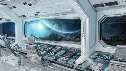 White clean spaceship interior with view on planet Earth 3D rendering