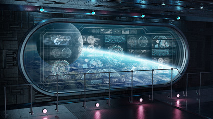 Fototapeta premium Dark spaceship interior with control panel digital screens 3D rendering