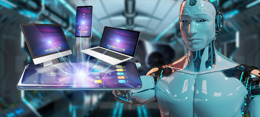 Modern devices connected in robot hand 3D rendering