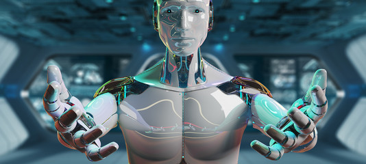 White male cyborg opening his two hands 3D rendering