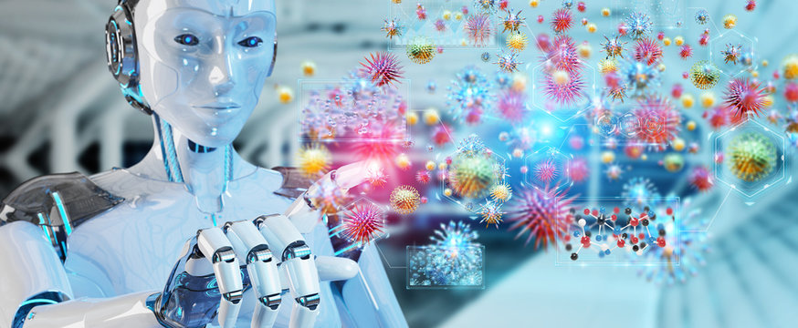 Cyborg creating and analyzing nanovirus 3D rendering - Powered by Adobe