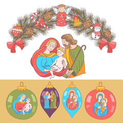 Obraz na płótnie Canvas merry Christmas. Vector greeting card. Wreath of Christmas trees decorated with Christmas toys. The virgin Mary is holding the baby Jesus. Saint Joseph is with them.
