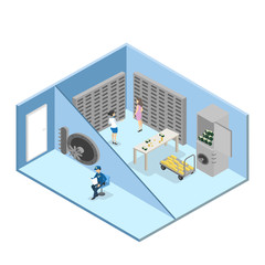 Bank vault room interior with guard and workers