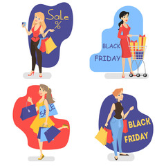 Cute set of smiling woman characters with shopping bags