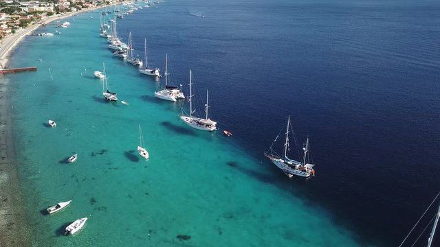 caribbean boat yacht harbor Bonaire island aerial drone top view 4K UHD
