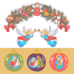Obraz premium merry Christmas. Vector greeting card. Wreath of Christmas trees decorated with Christmas toys.
