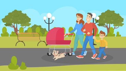 Obraz na płótnie Canvas Family with children and stroller walking a dog