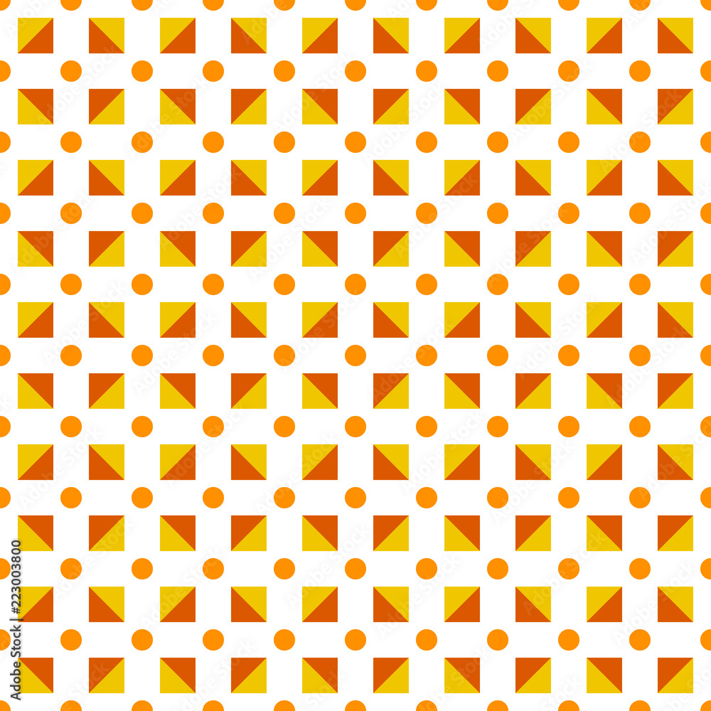 Poster seamless pattern made polka dots in shades of orange and red; triangles in square shape on white bac