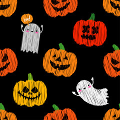 Seamless decorative vector background Happy Halloween. Pumpkins and Ghosts. Brushwork. Hand hatching. Textile rapport.