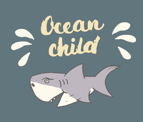 Cute Shark hand drawn sketch, T-shirt print design vector illustration