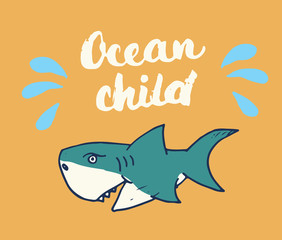 Cute Shark hand drawn sketch, T-shirt print design vector illustration