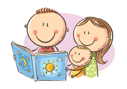 Happy family reading a book together, vector illustration