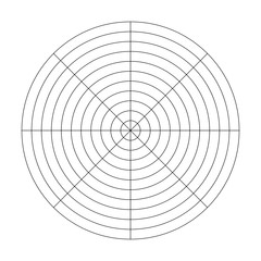Polar grid of 10 concentric circles and 45 degrees steps. Blank vector polar graph paper.